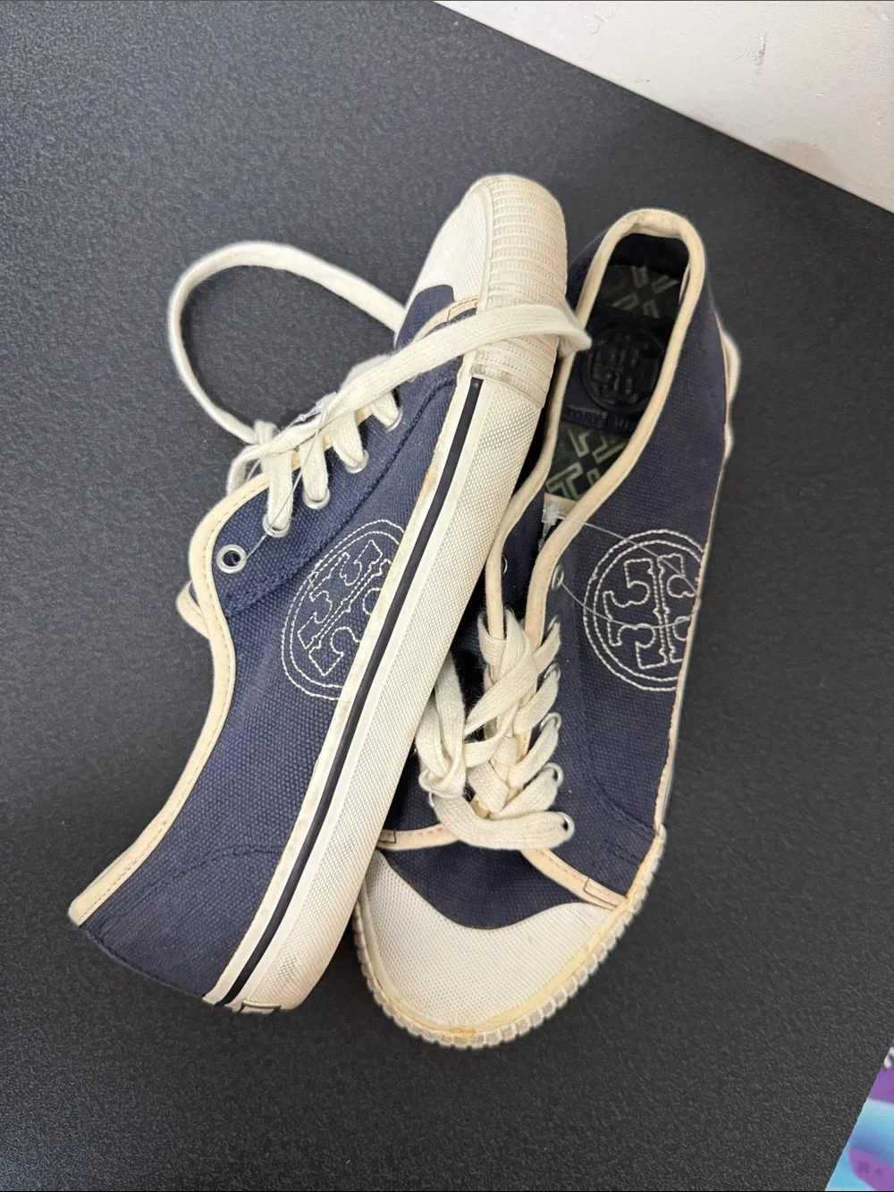 Tory Burch Navy and Cream Canvas Low-Top Sneakers